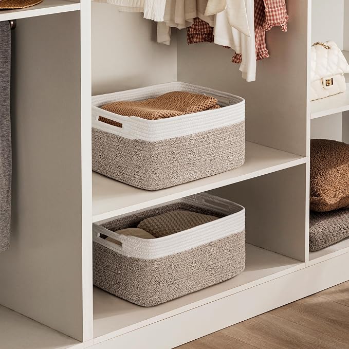 2 Pack Storage Baskets for Organizing, Large Woven Storage Basket, White&Brown