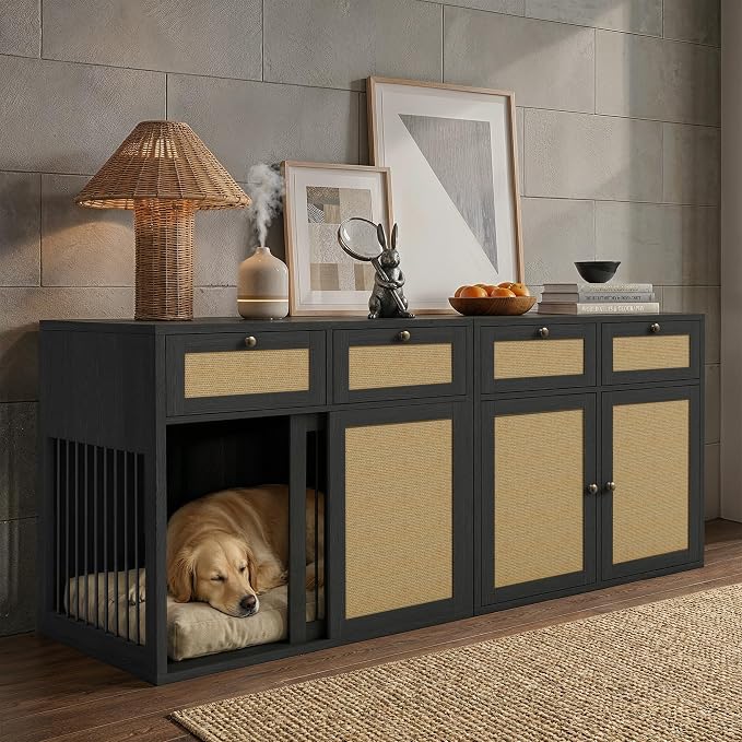 PureCozy 2-Piece Dog Crate Furniture, Left, 80 Inch, Black Oak | Left-unit kennel with metal sliding door plus cane storage cabinet and 4 total drawers; furniture-style indoor console.