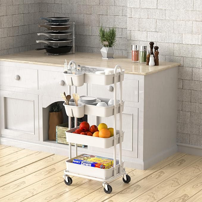 Simple Houseware 4-Tier Rolling Utility Cart with Hanging Bucket, White | Storage for Bathroom, Kitchen, Office, Study Room, Nursery Diaper