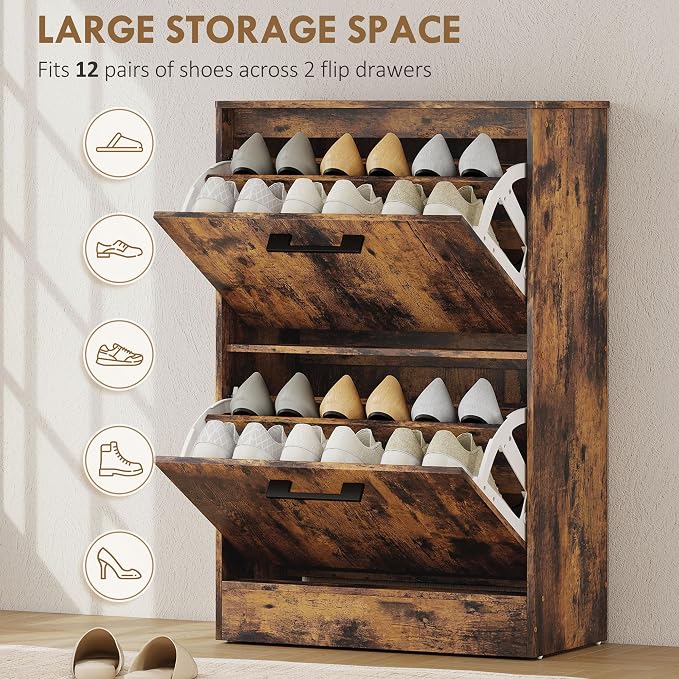 HOMCOM Shoe Cabinet with 2 Flip Drawers, up to 12 Pairs, Rustic Brown | Narrow Storage Cabinet, Adjustable Dividers, Entryway Shoe Storage Unit, for Hallway