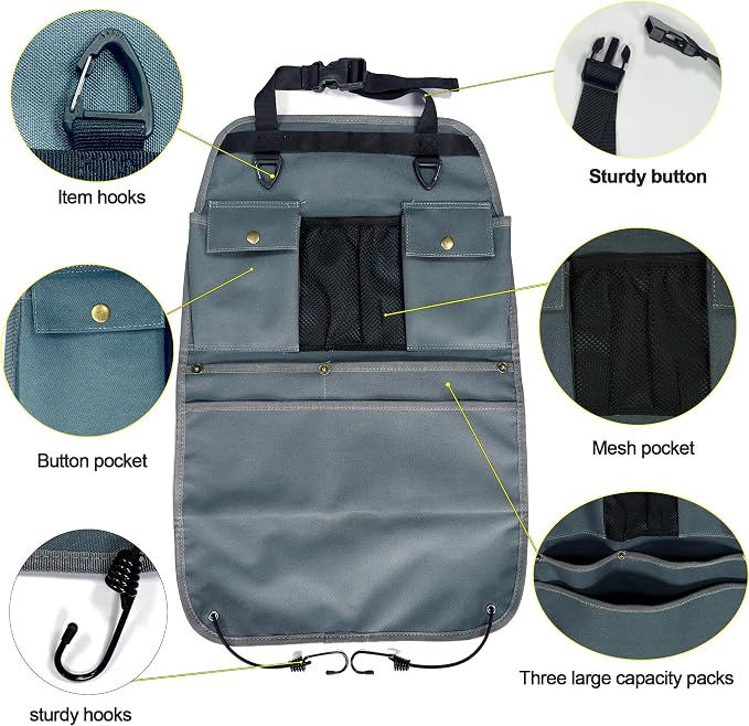 Car Seat Back Organizer with Multiple Pockets and Hooks (grey)