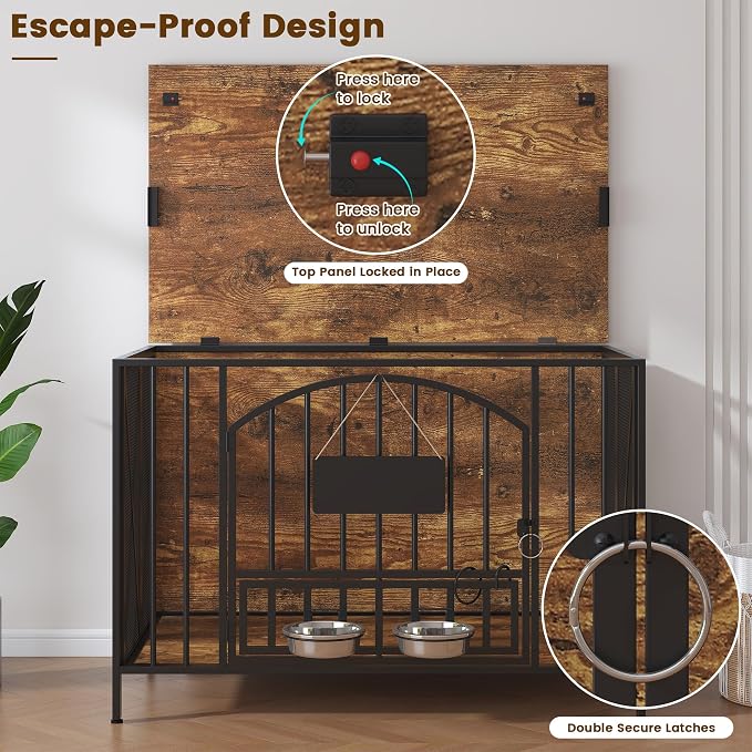 BOINN 41.3" Dog Crate Furniture Foldable, No Assembly Decorative Dog Kennel Indoor, Wooden Dog Crates with 360° Rotating Bowls and Name Tag, Rustic End Table for Medium/Large Dogs