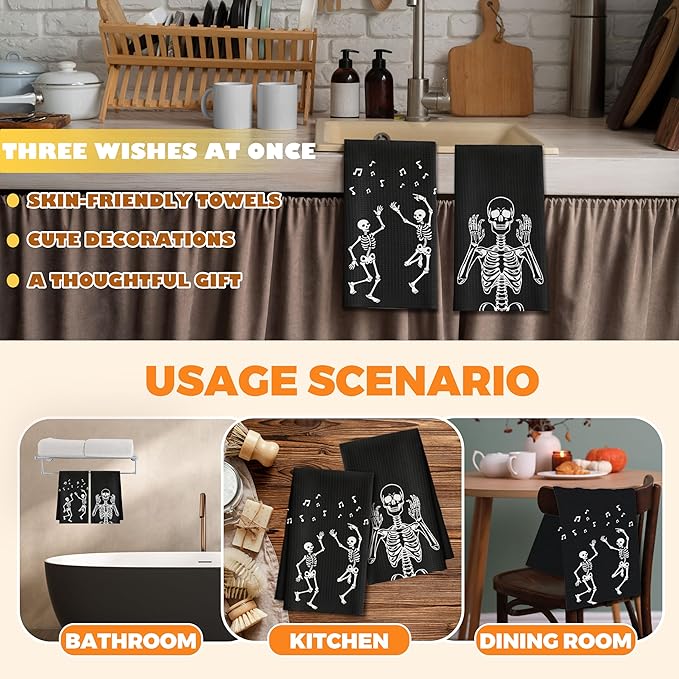 Kitchen Towels Set of 2, Rock and Roll Skeleton Dish Towel for Bathroom Kitchen, Skull Decorative Hand Towels, Gothic Fast Drying Tea Towel, Housewarming for Women Mom -02