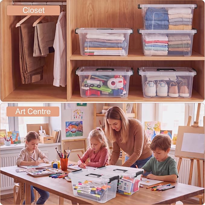 Storage Bins with Lids,7Qt Clear Stackable Storage Containers With Lids Buckle Latches.Perfect for LEGO, Crafts, Office Supplies, and Dorm Room Organization,6-Pack,ClearBlack