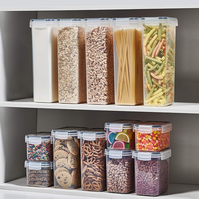 24 Pack Airtight Food Storage Container Set - BPA Free Clear Plastic Kitchen and Pantry Organization Canisters with Durable Lids for Cereal, Dry Food Flour & Sugar - Labels, Marker & Spoon Set