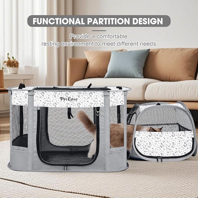 Portable Cat Playpen with Litter Box, Cat Enclosure for Camping, Cat Recovery Playpen After Surgery, Foldable Indoor Outdoor Pet Tent for Cats Rabbits Puppies (Light Gray)