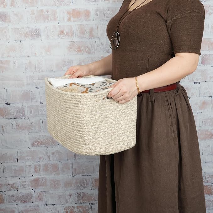 XUANGUO Woven Cotton Rope Storage Baskets 15x10x9.3" 3 Pack Oatmeal | Decorative rectangular storage baskets for shelves and closets; storage bins organize clothes, toys, books and nursery items