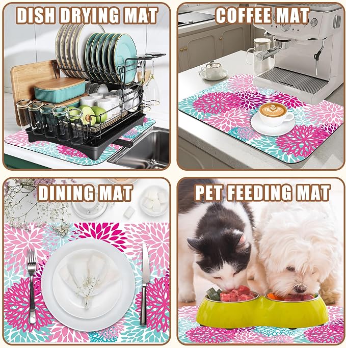 Pink Blue Chrysanthemum Flowers Dish Drying Mat for Kitchen Counter Coffee Bar Mat Hide Stain Absorbent Rubber Backed Drying Rack Pad Espresso Machine Coffee Bar Accessories 11.8 x 19.7 Inch