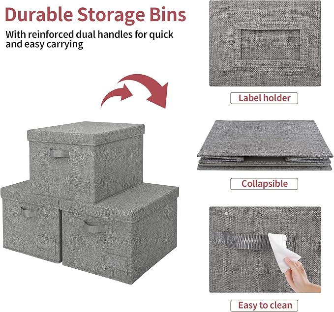 GRANNY SAYS Storage Bins with Lids, Decorative Storage Boxes with Lids | Storage Box with Dust Cover, Handles & Lable, Collapsible, Ideal for Closet Clothes Blanket Toys, Large, Dark Gray, 3-Pack