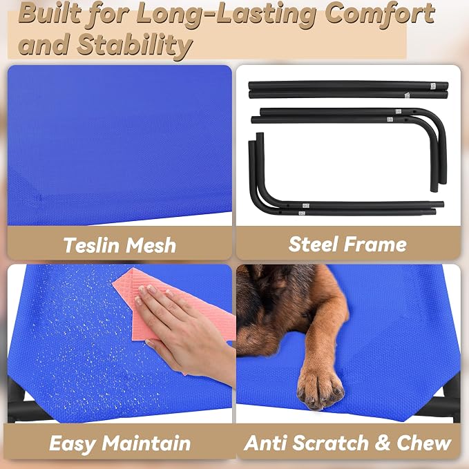 Elevated Dog Bed for Medium Dogs | Dog Cot Bed with Sturdy Steel Frame for Indoor Outdoor Use, Non Slip, Easy to Clean, 43.5 Inches, Blue