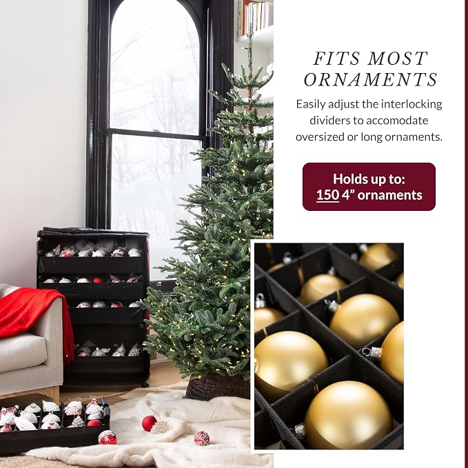 Balsam Hill Deluxe Rolling Ornament Chest - 150pc Christmas Decoration Storage with Dividers & Trays