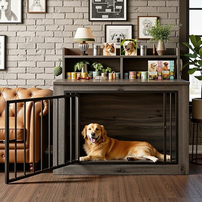 IRONCK 43.3" Extra Large Dog Crate Furniture with Storage Shelf | 10mm iron rods. Storage shelf and 4 hooks. 200 lb tabletop. 30"L x 43.3"W x 41.1"H indoor large crate