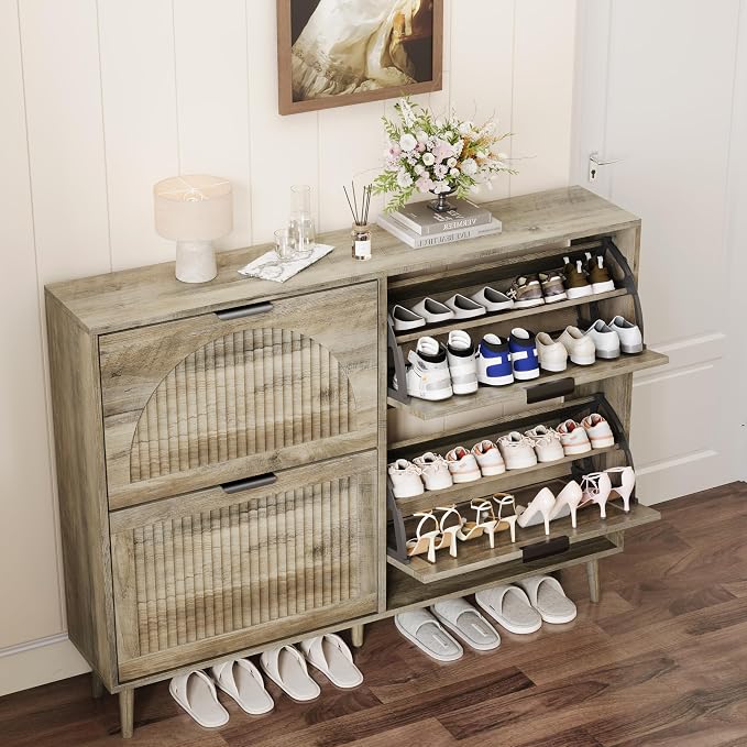 Shoe Storage Cabinet with 4 Flip Drawers, Narrow Wood Shoe Organizer Cabinet with Fluted Panel, Slim Shoe Rack for Entryway, Freestanding Shoe Cabinet for Living Room, Hallway, Grey