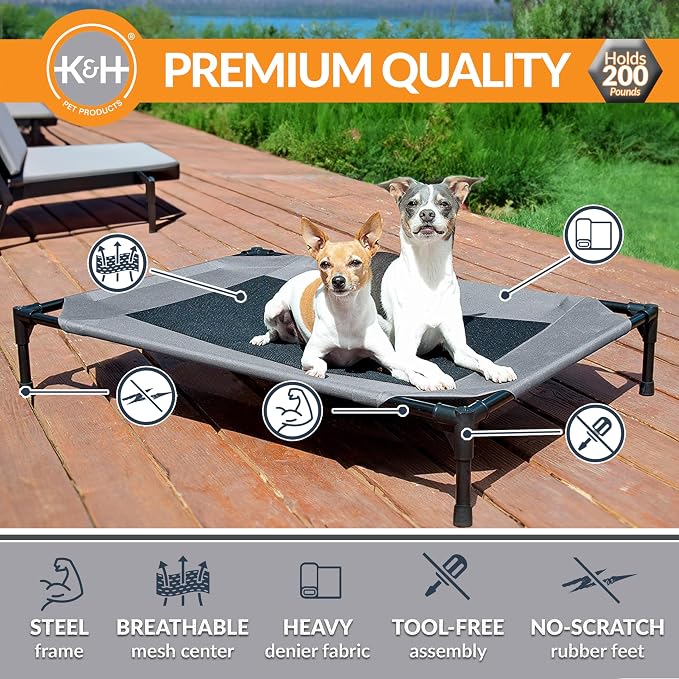 K&H Outdoor Elevated Dog Bed - Cooling Raised Dog Bed for Medium & Large Pets, Breathable Mesh Center Hammock Design, Indoor/Outdoor Washable Cover, Portable Metal Frame, Gray, Large 42x30in