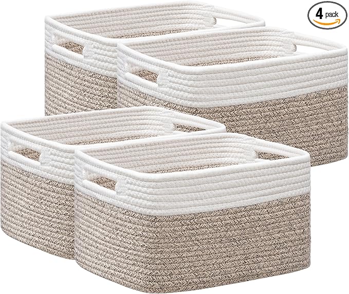 4 Pack Storage Baskets for Organizing, Woven Baskets for Shelves, White&Light Brown