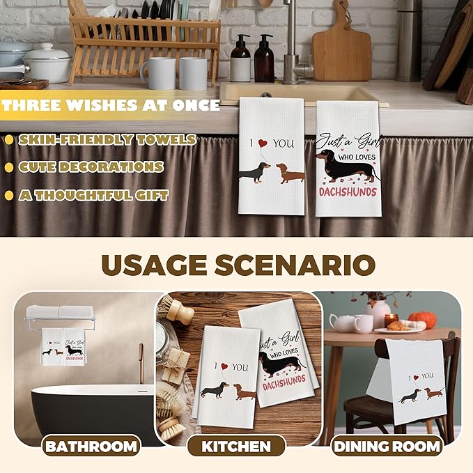 Kitchen Towels Set of 2, Dachshund Dish Towel for Kitchen, Decorative Hand Towels for Bathroom, Fast Drying Tea Towel with Love Sayings, Housewarming Gifts for Wiener Dog Lover Women Mom -B01
