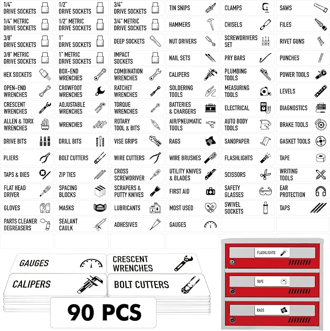 90 PCS Magnetic Toolbox Labels, 82 Pre-Printed & 8 Blanks Large Size Tool Chest Organizer Labels Strong Magnetic & Easy to Read Printing Fits All Brands of Steel Tool Box Drawers (White, 3.5” x 1”)