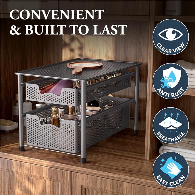 Simple Houseware Stackable 2 Tier Sliding Basket Organizer Drawer, Silver