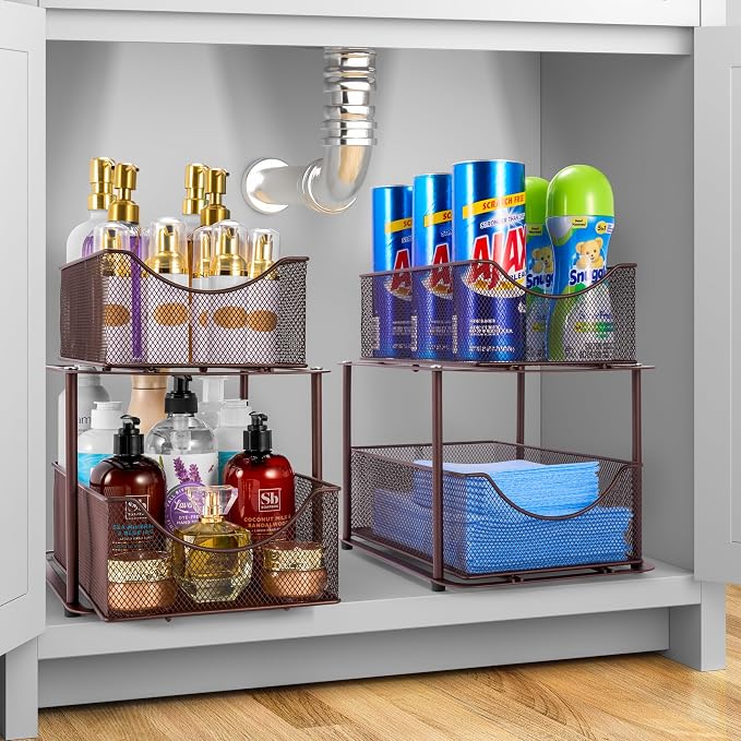 Sorbus Pull-Out Under Sink Organizer, Mesh Construction (Bronze, 2 Pack) | Two-tier metal organization with strong steel and sliding drawers for bathrooms, kitchens, cabinets, closets and pantries.
