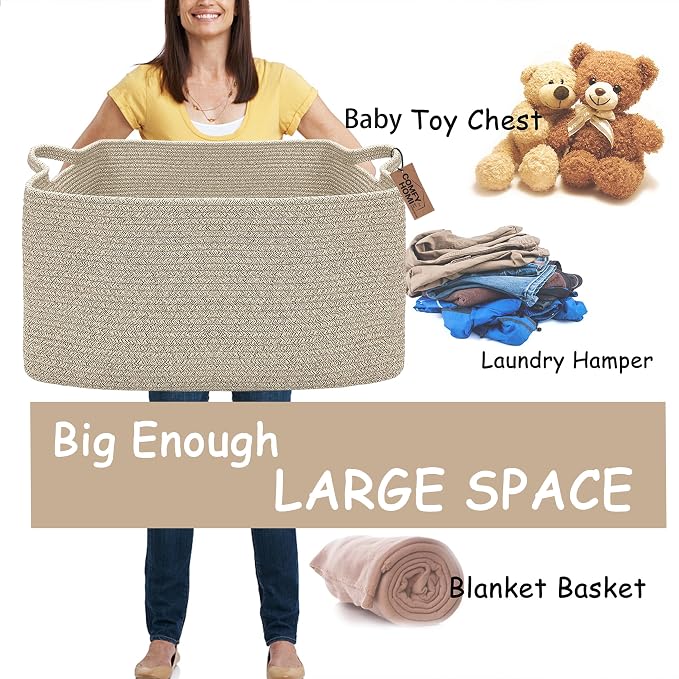 COMFY-HOMI Large Rectangular Blanket, Cotton Rope Woven for Storage, LaundryHamper, Storage,Toy Organizing Bin with Handle, Organizer and Storage-22x15x12-