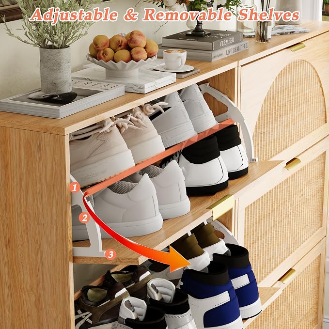 Shoe Storage Cabinet with 3 Flip Drawers, Narrow Wood Shoe Organizer Cabinet with Fluted Panel, Slim Shoe Rack for Entryway, Freestanding Shoe Cabinet for Living Room, Hallway, Wood Color