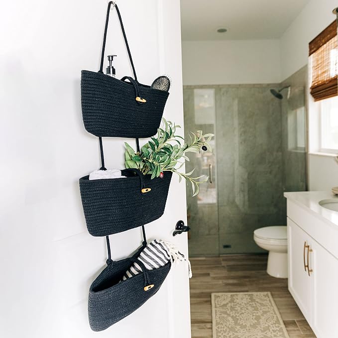 OrganiHaus Over the Door Organizer, Woven Rope Hanging Baskets, 3-Tier | Cotton Wall Storage Basket For Nursery Decor, Entryway, Bathroom, Playroom Or Dorm, Mounts On Door Or Wall, Black