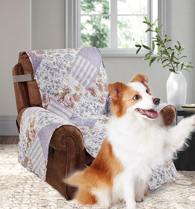 Brilliant Sunshine Rose Violet Floral Couch Recliner Cover, 26" seat | Quilted Sofa Cover, Living Room & Bedroom Furniture Protector, Washable Reclining Chair Slipcover for Pets, Dogs & Cats