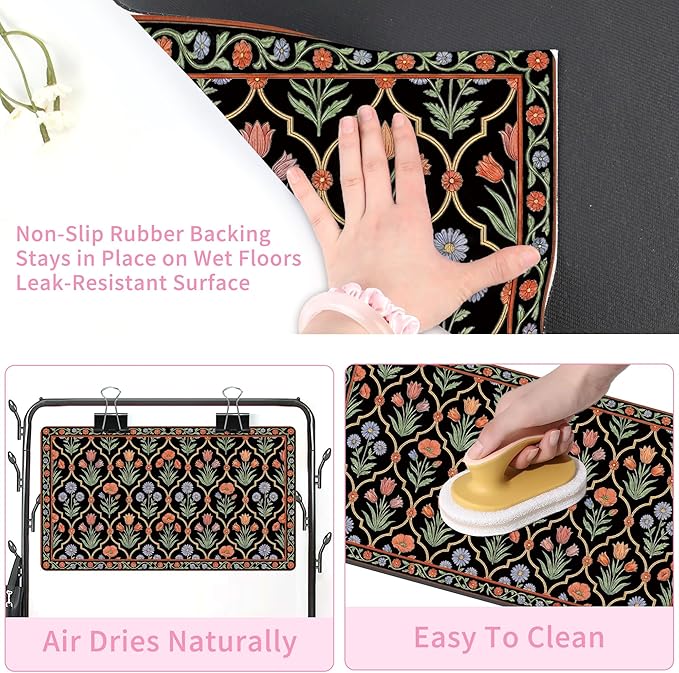 Pet Feeding Mat 30 x 17 Inch, Black Floral Pet Placemat Absorbent Quick-Dry for Food and Water, Waterproof Non Slip Rubber Bowl Pad Mat for Floors
