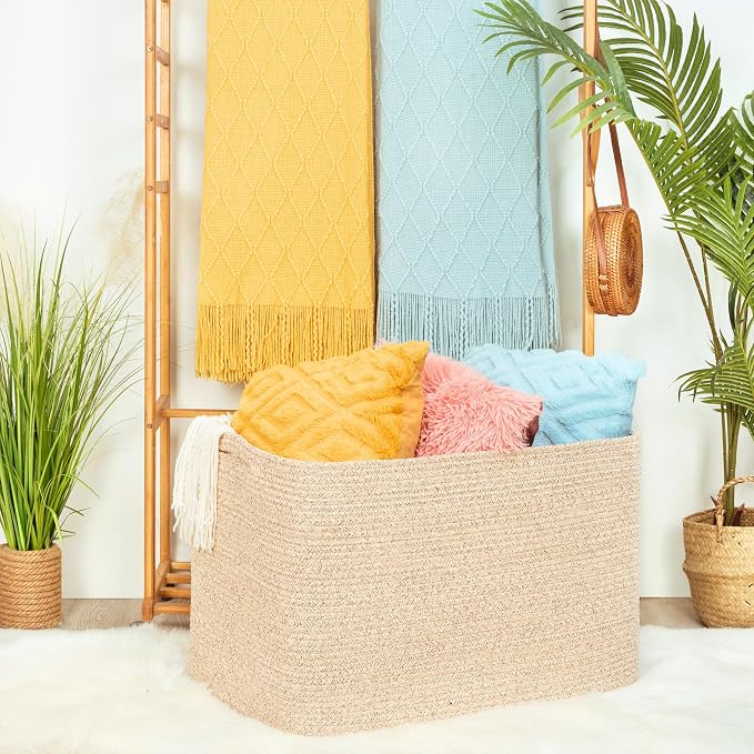 112L Extra Large Blanket Basket Holder Living Room, 25"x17"x16" Rectangle Rope Woven Storage Basket with Handles for Laundry, Towels, Shoes, Dog Toy Organizer Bin Box, Oatmeal Brown