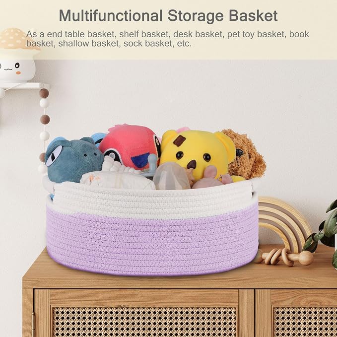 Small Woven Gift Basket with Bag & Ribbons, Purple | Cotton Rope, 13”x 9”x 5.5”, Fits for Kids, Women & Men, Bedroom, Living Room, Nursery & Bathroom Storage, Cat & Dog Toy Boxes