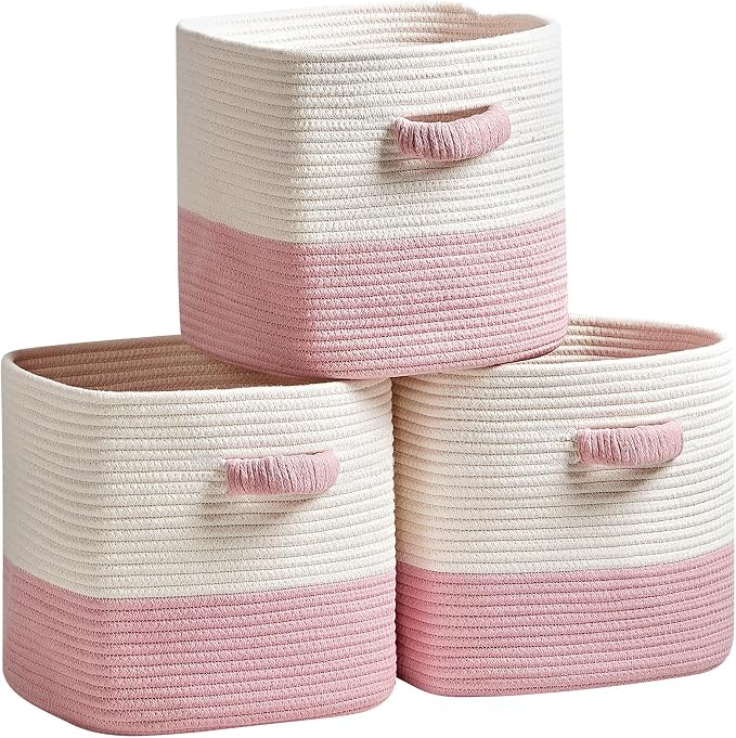 R RUNKA Storage Cube Baskets for Organizing 11 inch-3 Pack- Square Baskets for Cube Storage, Closet Storage Bins - Woven Cube Storage Bins for Shelves- Cube Drawer- Ideal for Toy Storage White & Pink