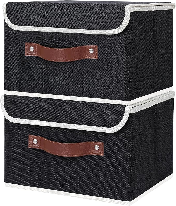 ANMINY Fabric Storage Box Bins with Lids, Black, 10"x8"x7", 4 Pack | Keepsake Memory Storage, Cotton Linen, PP Board Reinforced, Washable, PU Handles, Foldable & Stackable, Decorative, Small