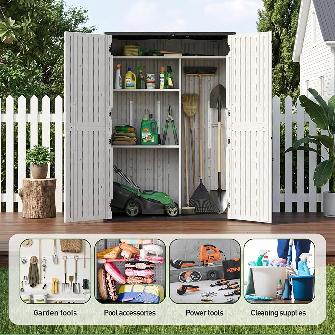 65 Cu.Ft Resin Outdoor Storage Shed with 5 Shelves & Floor, Weatherproof Plastic Vertical Outdoor Storage Cabinet for Garden Backyard Patio Pool Tool