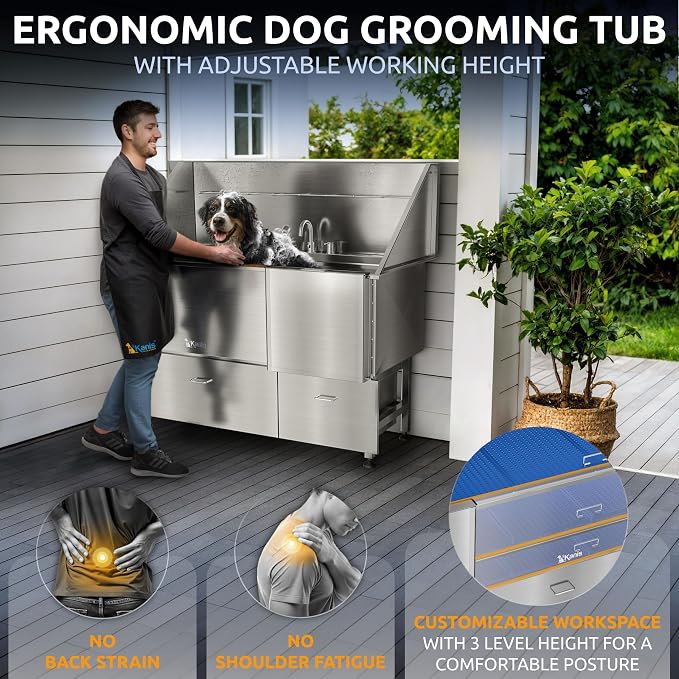 Professional Dog Washing Station 304 Stainless Steel Pet Wash Sink | Grooming Bathtub w/Shower, Floor Grates and Storage for Large, Medium & Small Pets