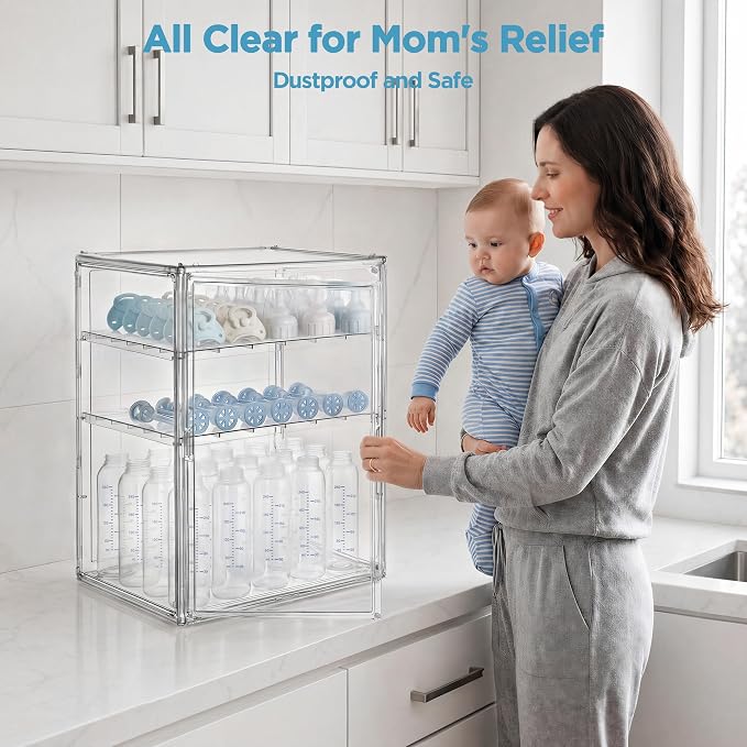 HBlife Baby Bottle Storage Organizer for Countertop Cabinet, 3 Tiers Adjustable Clear Acrylic Bottles Storage Station Case Box Container with 2 Removable Dividers and Magnetic Door, XXL