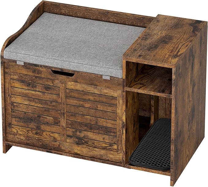 Cat Litter Box Enclosures Large Hidden Cat Litter Box Furniture Enclosure w/Top Opening Door, Wooden End Table Pet House w/Storage Shelf, Cushion & Mat, Dog Proof Design for Easy Cleaning