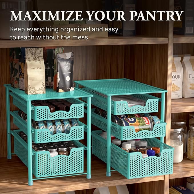 Simple Houseware Stackable 3 Tier Slide Basket Organizer Drawer, Turquoise