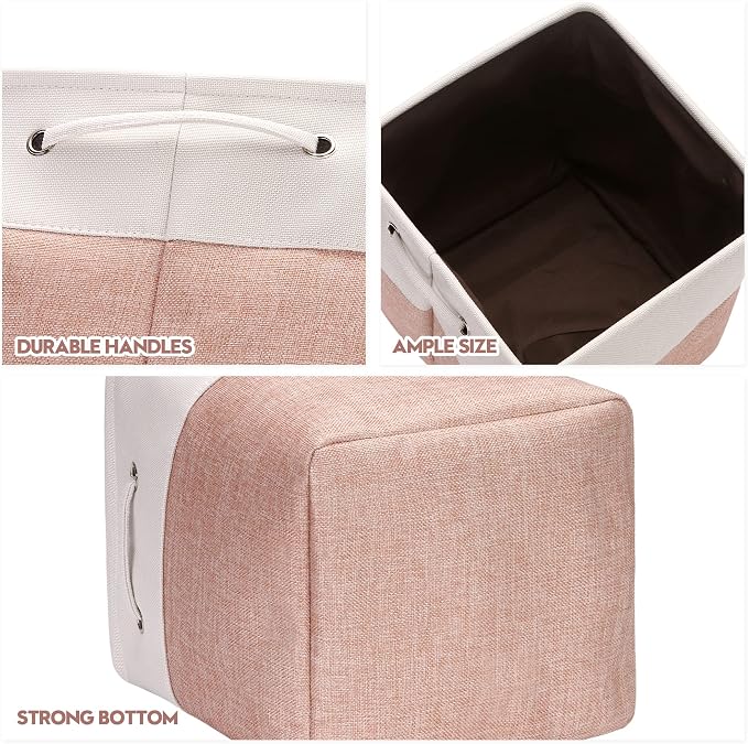 Sea Team Open-Top Canvas Storage Cubes with Handles, 11-Inch, 3-Pack | Collapsible Storage Bins, Fabric Baskets, Closet Shelf Organizers for Home and Office, Pale Blush & White