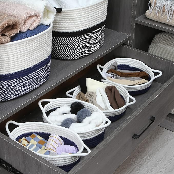 Sea Team 2-Pack Compact Woven Cotton Rope Storage Baskets, Navy | Knitted Decorative Organizer Bins with Handles, Portable Oval Containers for Small Items, Keys, Makeup, Jewelry, Trinkets