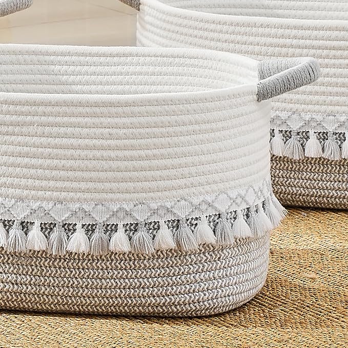 Storage Basket, Woven Baskets for Shelves, Gray | 3 Pack Boho Cotton Rope Storage Baskets, 14" x 9" x 8", Home Organizer for Nursery, Holds Toys, Books & Towels