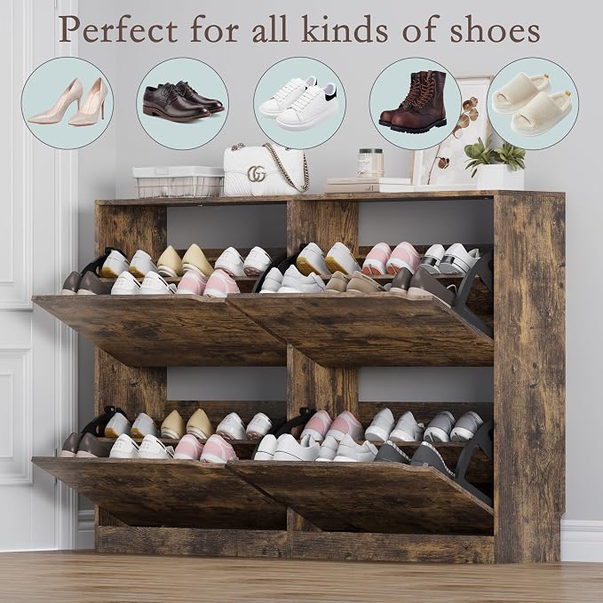 BORNOON Shoe Cabinet with 4 Flip Drawers, Narrow Hidden Shoe Storage Cabinet, Slim Freestanding Shoe Rack Organizer for Entryway, Hallway, Bedroom, Living Room
