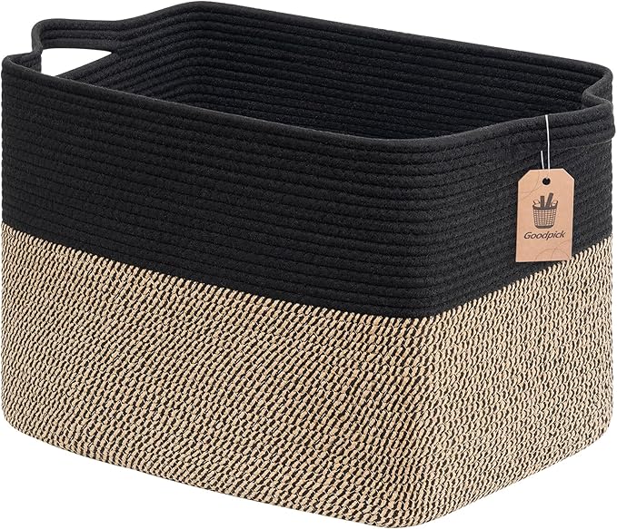 Goodpick 50L Large Woven Storage Basket, 18" x 14" x 12", Black Jute | Decorative Gift Basket for Nursery & Bedroom Organization, Wicker Baskets for Blankets, Pillows & Toys Storage, Rectangle