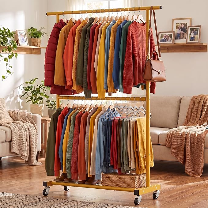 Sywhitta Double Rod Metal Clothing Garment Rack on Wheels, Gold | Rolling Clothes Organizer, for Hanging Clothes,Coats,Easy to Assemble,Space-Saving,Mobile Organizer for Closet
