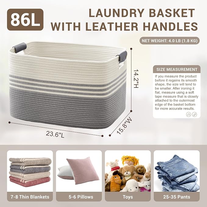 86L Large Woven Laundry Basket Hamper with Leather Handles,Grey | collapsible wicker hamper, storage for dirty clothes, toys, blankets, gifts, living room, bedroom, bathroom, 24"x16"x14"