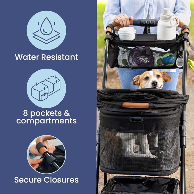 Dog Stroller Caddy Organizer with 2 Insulated Cup Holders & Treat Pocket | Poop Bag Dispenser, Treat Pocket, Collapsible Water Bowl, Zip-Off Wallet, Non-Slip Fit for 14-19" Handlebars, Paw Print