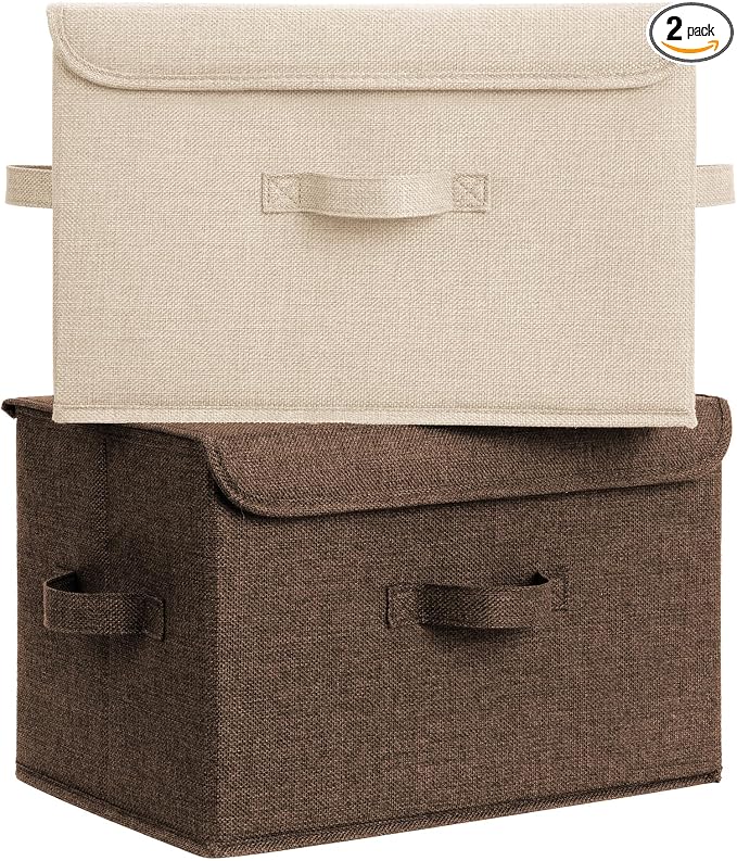 GRANNY SAYS Stoarge Basket with Lid, Decorative Storage Boxes, Closet Storage Bins for Clothes, Collapsible Stackable Organization, Khaki&Brown, 2-Pack