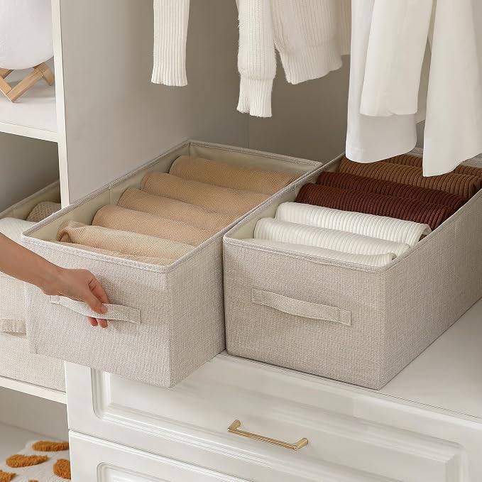 Linen Folding Storage Bins, 3 Pack Large Storage Baskets, Washable, Clothing Storage Bins with Handle, Closet Organizer for Storage Sweater,Sheets(Beige, 18½"x11 x8½)