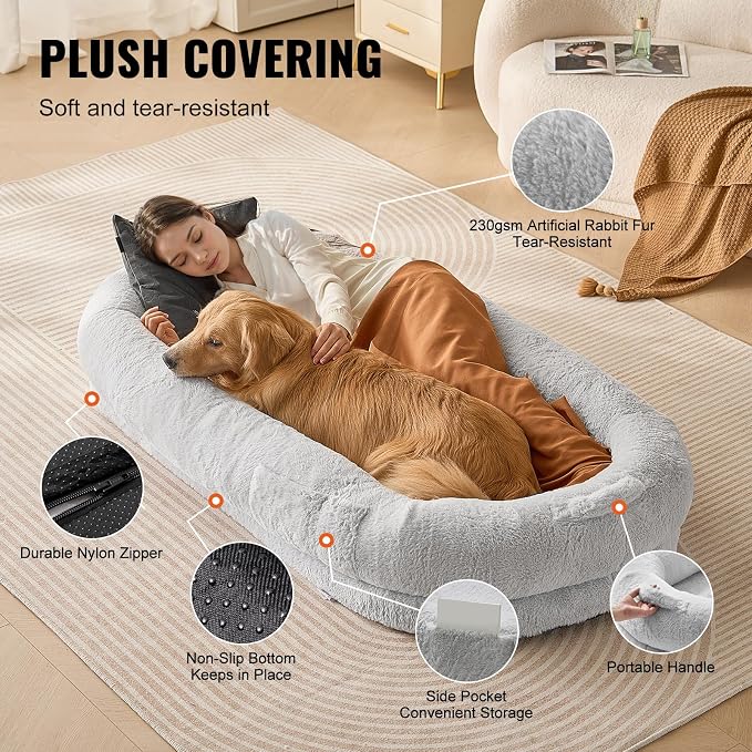 VEVOR Human Dog Bed, 67.7"x35"x9.8" Human Dog Bed for Adult People, Large Size Beds with Washable Faux Rabbit Fur Cover, Egg Orthopedic Foam, Storage Pocket, Bean Beds for You and Pet, Light Grey