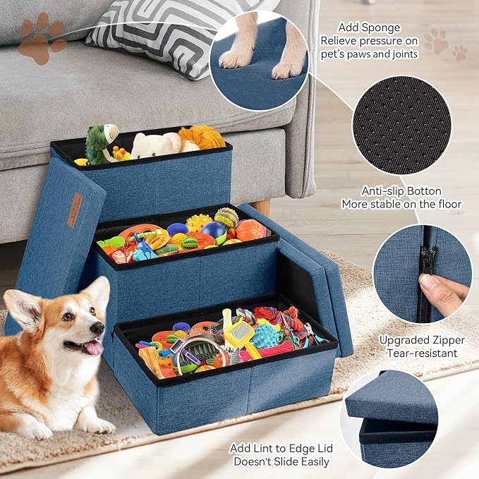 Zerbuger Dog Stairs with Storage, Navy Blue 3 Steps Dog Ramp no Condo | 18" H Wider Dog Steps for High Beds Couch, Folding Storage Pet Stairs Gift for Climbing Small/Medium/Large Old Dogs Cats