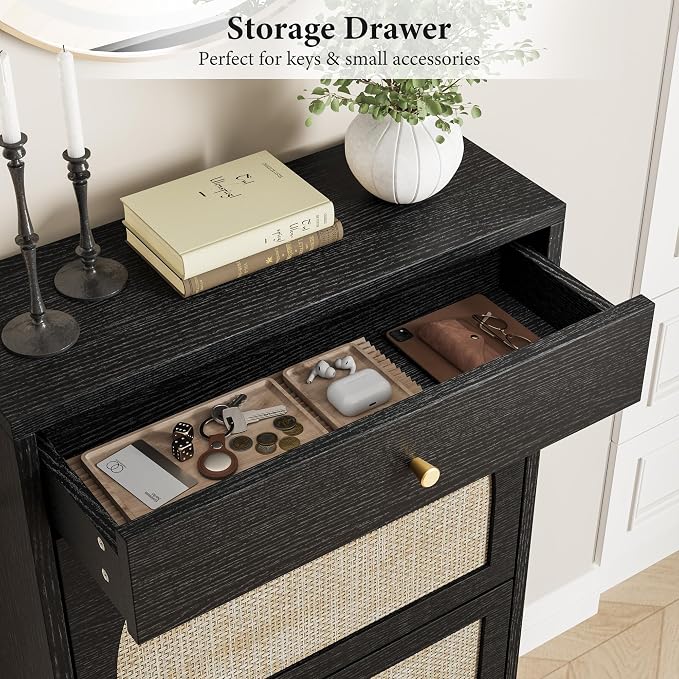 Shoe Cabinet for Entryway, Slim Shoe Rack with 2 Flip Drawers and Top Storage Drawer, Narrow Shoe Organizer with Printed Rattan-Look Design, Entryway Shoe Storage for Size 12+ Shoes, Black